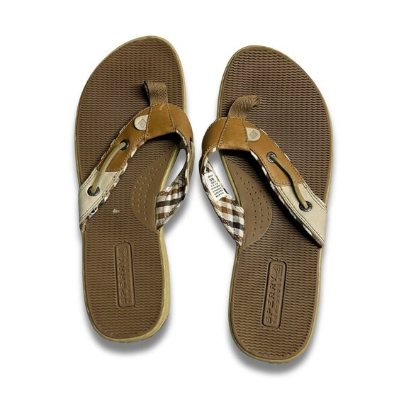 Sperry Womens Seafish Thong Sandals Size 9 Brown Plaid Leather Casual Flip-Flops - Picture 2 of 6